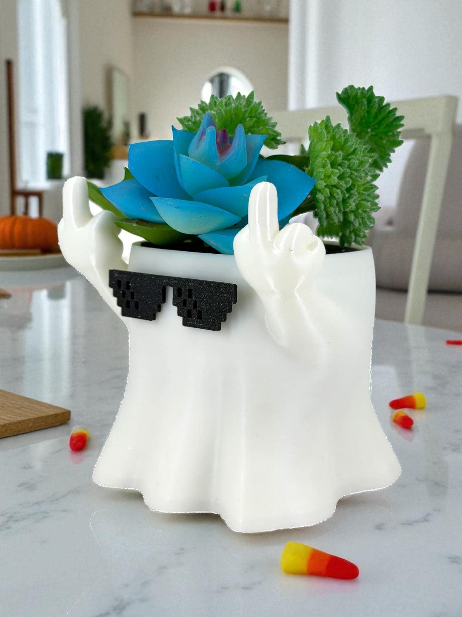 Middle Finger Ghost Planter – Funny Halloween Succulent Pot