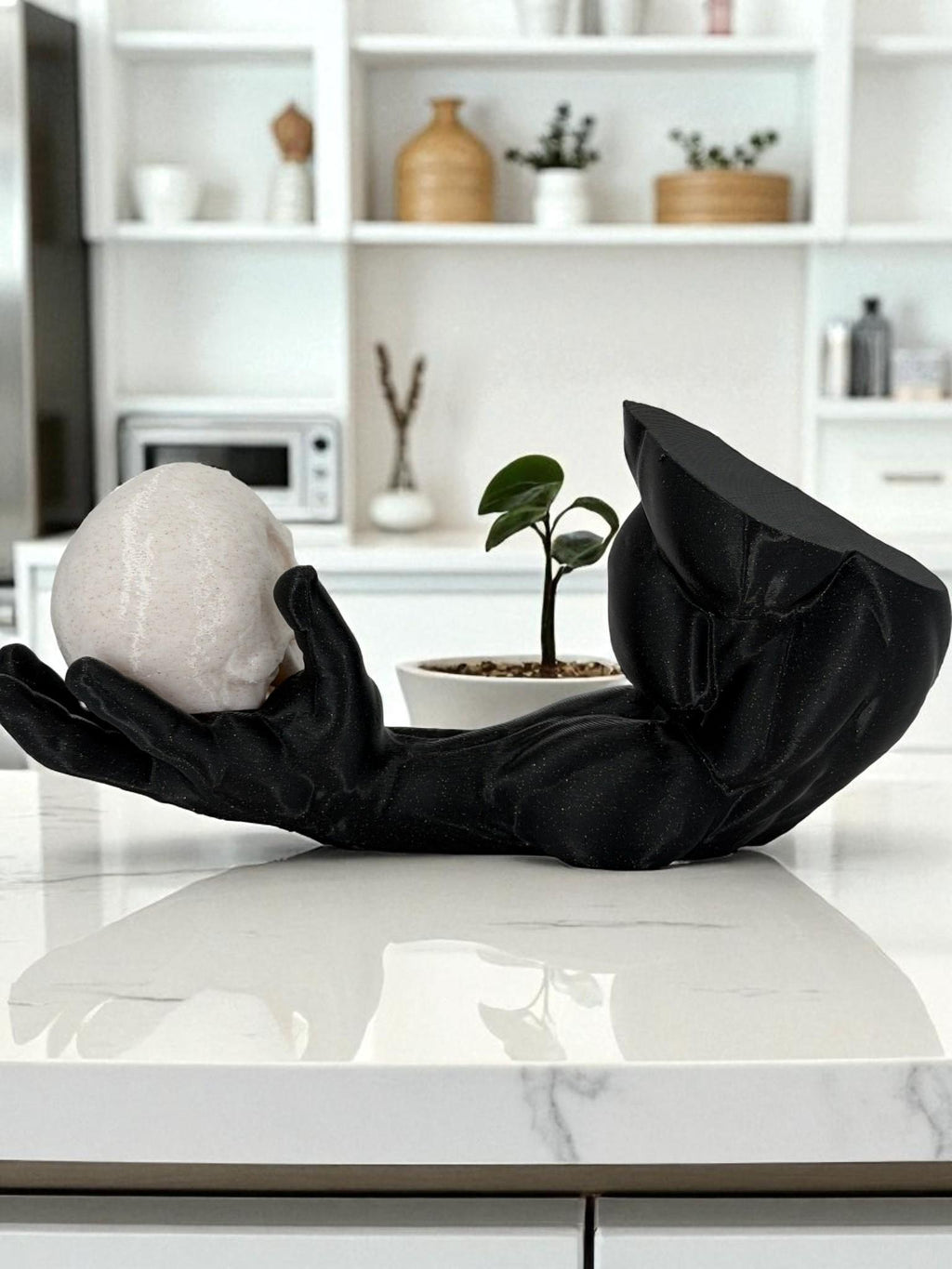 Skull-in-Hand Statue | Black Arm Sculpture with Marble Skull | Gothic Shelf Decor