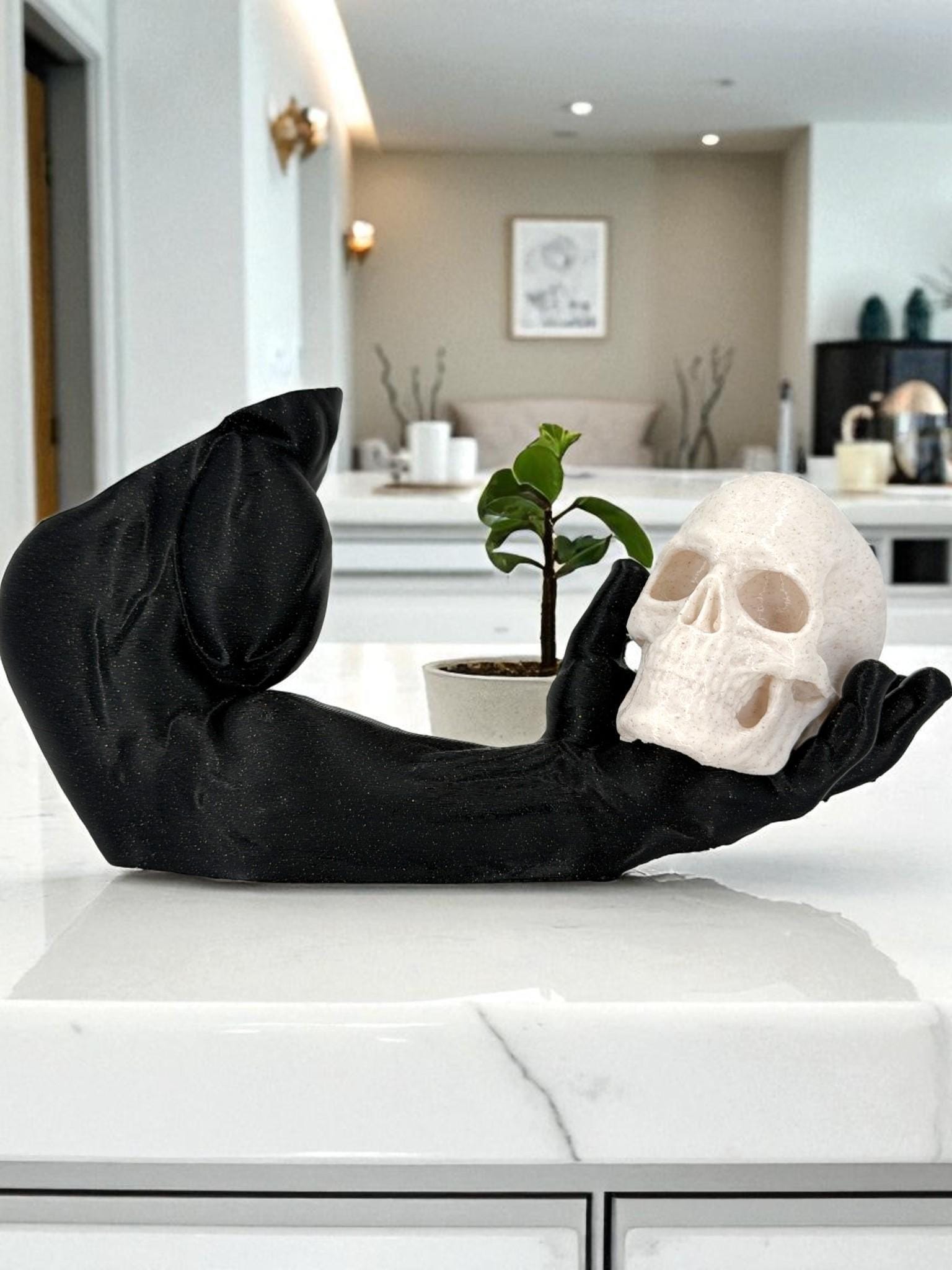 Skull in Hand Statue – Black Arm Gothic Sculpture